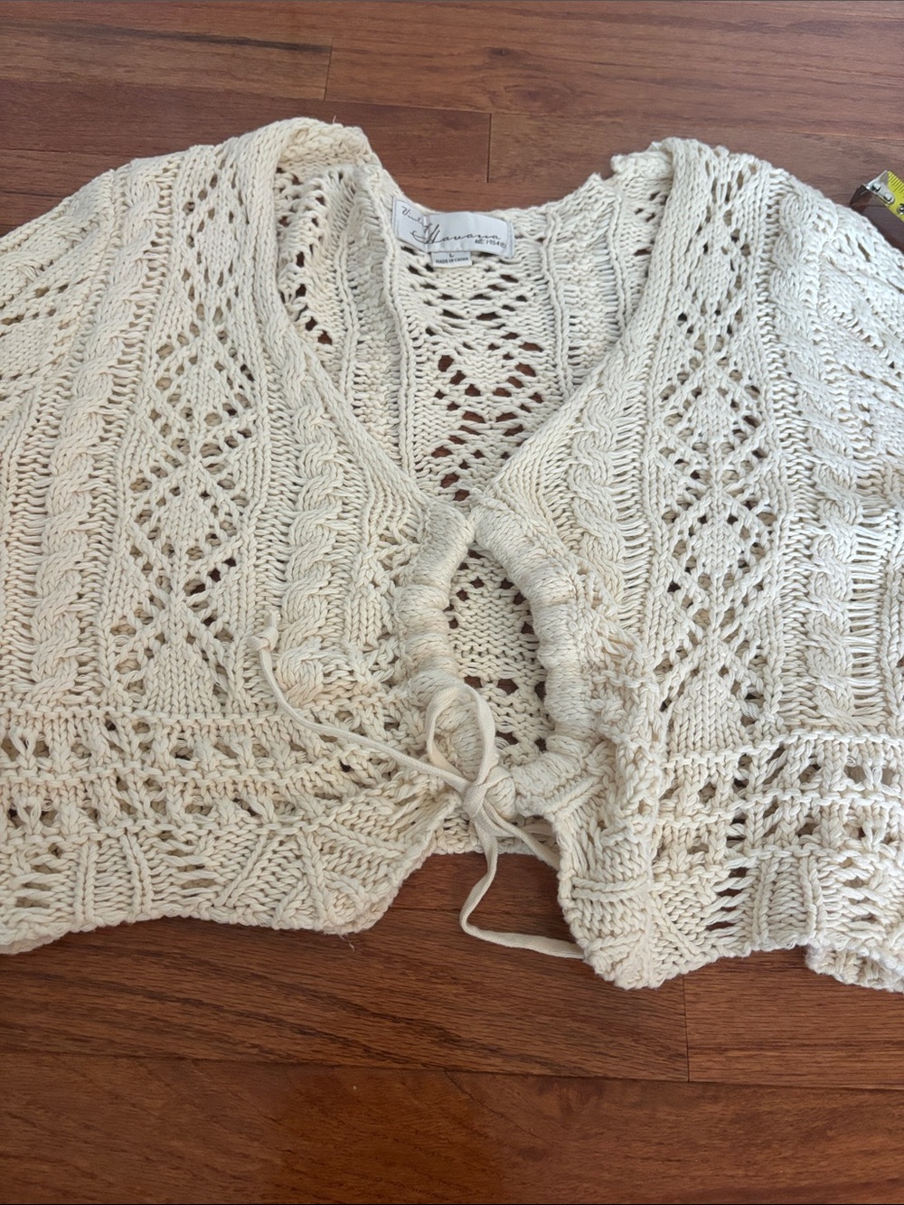 Vintage Havana Cream Crochet Front Tie Long Sleeve Sweater Women’s Size Large - Picture 3 of 8